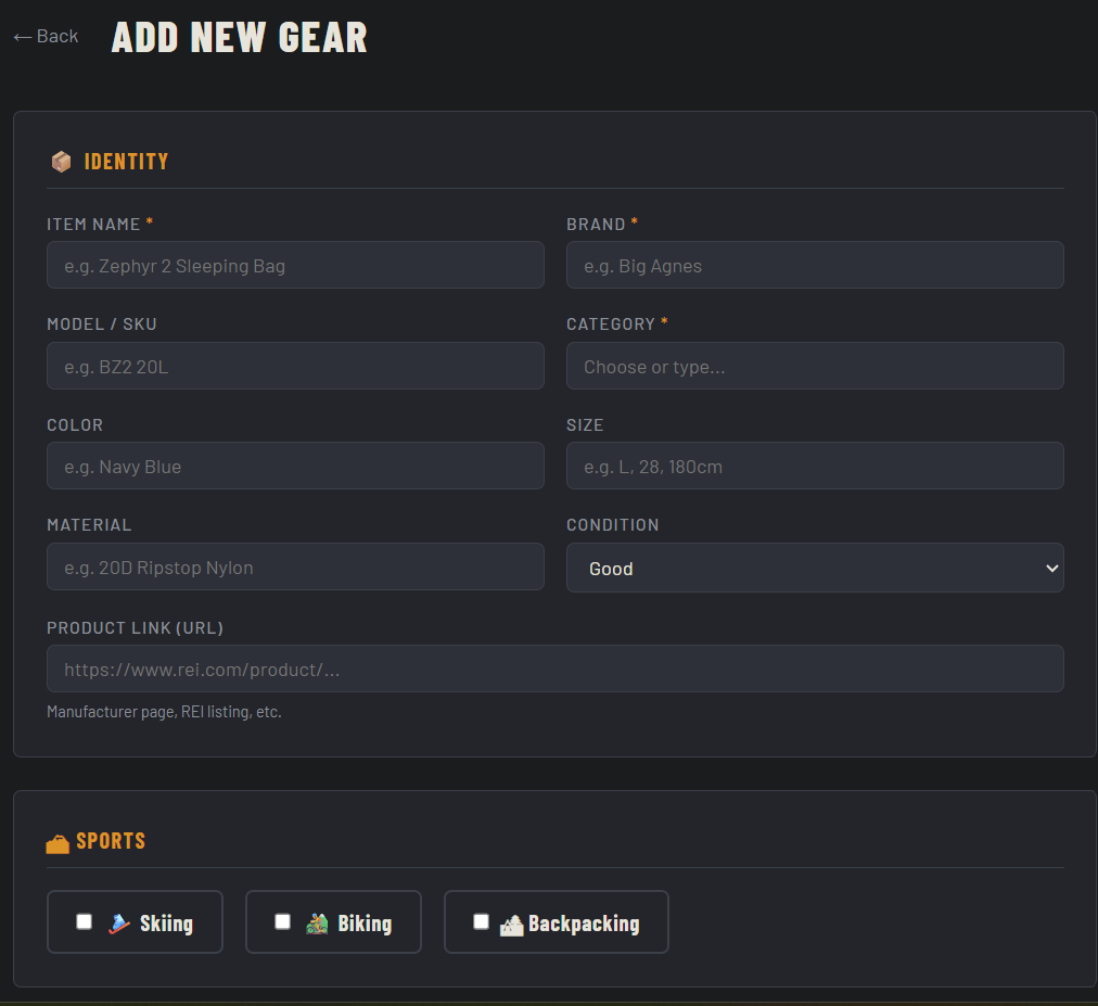 Add New Gear form showing the Identity and Sports sections