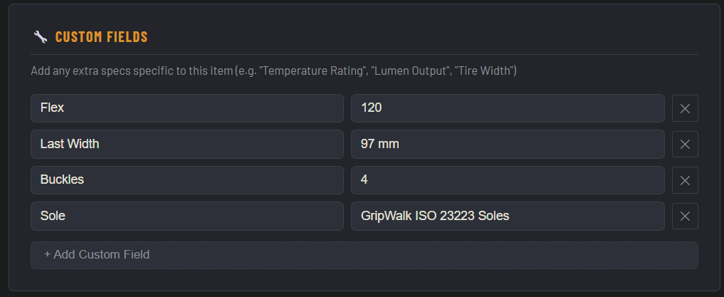 Custom fields section showing key-value pairs for a ski boot's specs