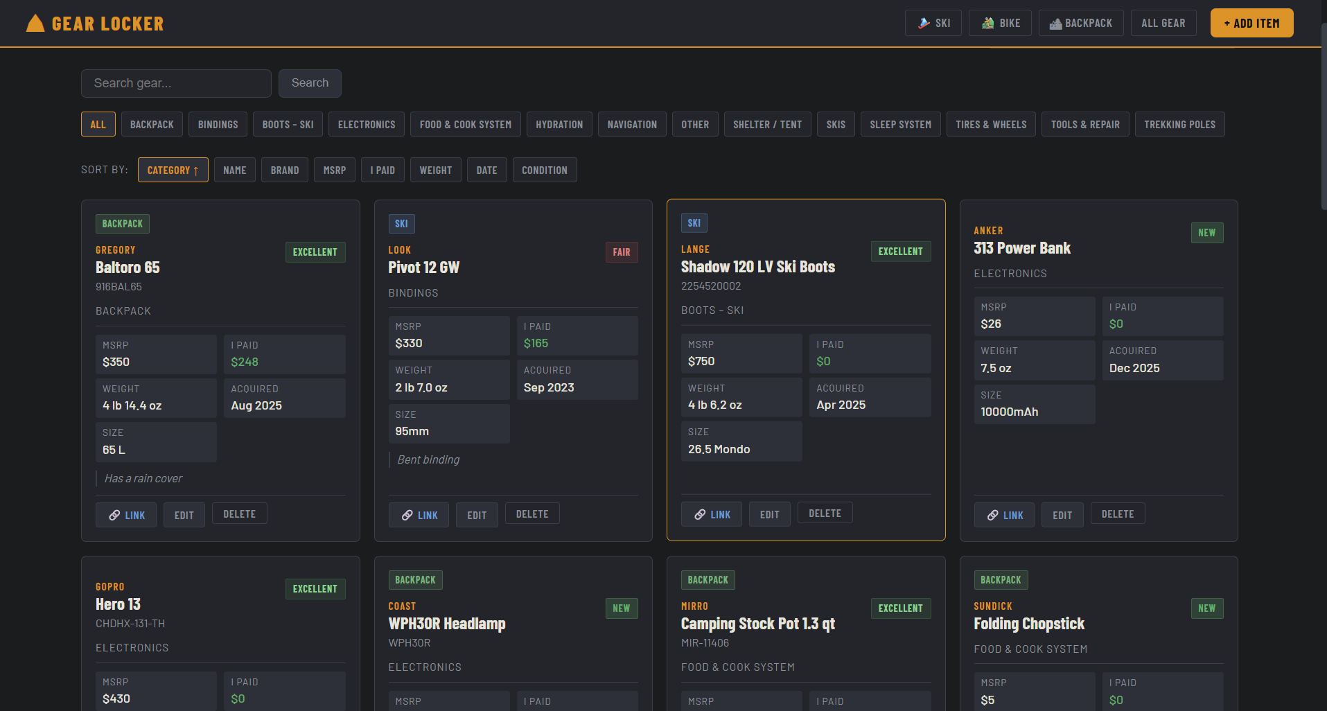 Gear Locker home page showing the full gear grid with category filters and sort controls